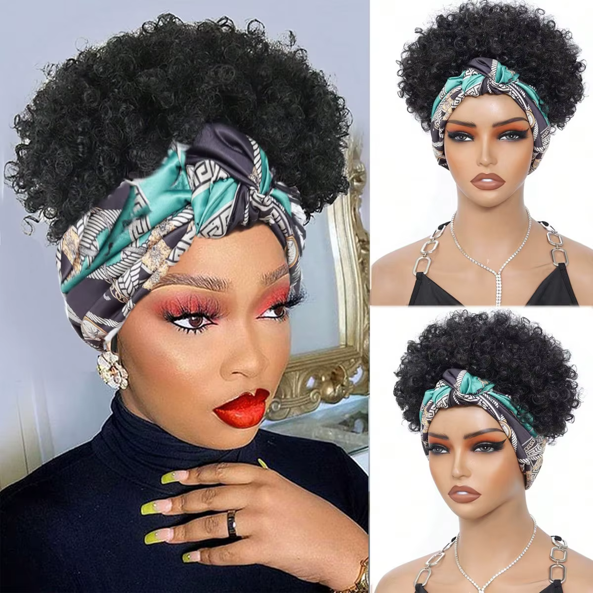 Perruques bandeau noires pour femmes, perruque afro bouclée synthétique courte avec bandeau intégré,
