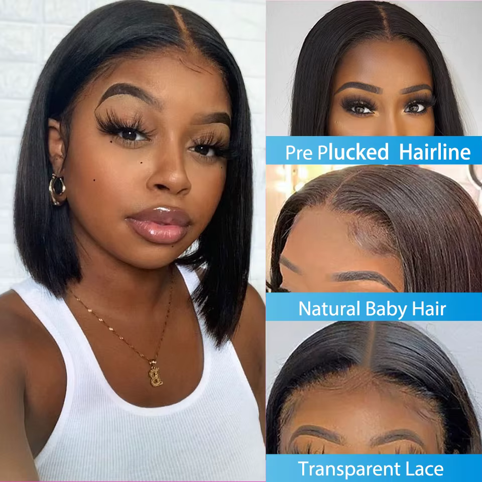 Perruque Bob Lace Wig Remy Brésilienne Naturelle, Cheveux Lisses, Partie T, Sophia, Courte, 4 Pièces