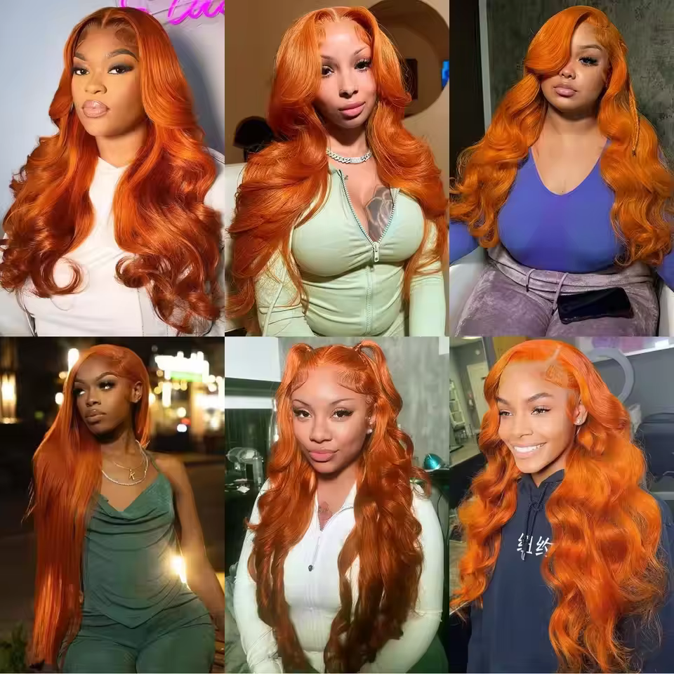 Perruque Lace Front HD 13x6 en Cheveux Humains, Ondulation Body Wave, Couleur Gingembre Orange, Dens