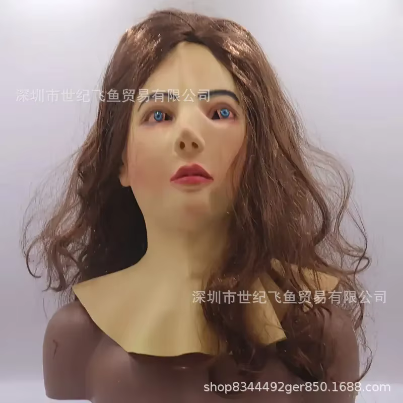 Nouveau Masque de Femme Magnifique avec Perruque Longue, Masque Facial de Simulation Jeune pour Hall