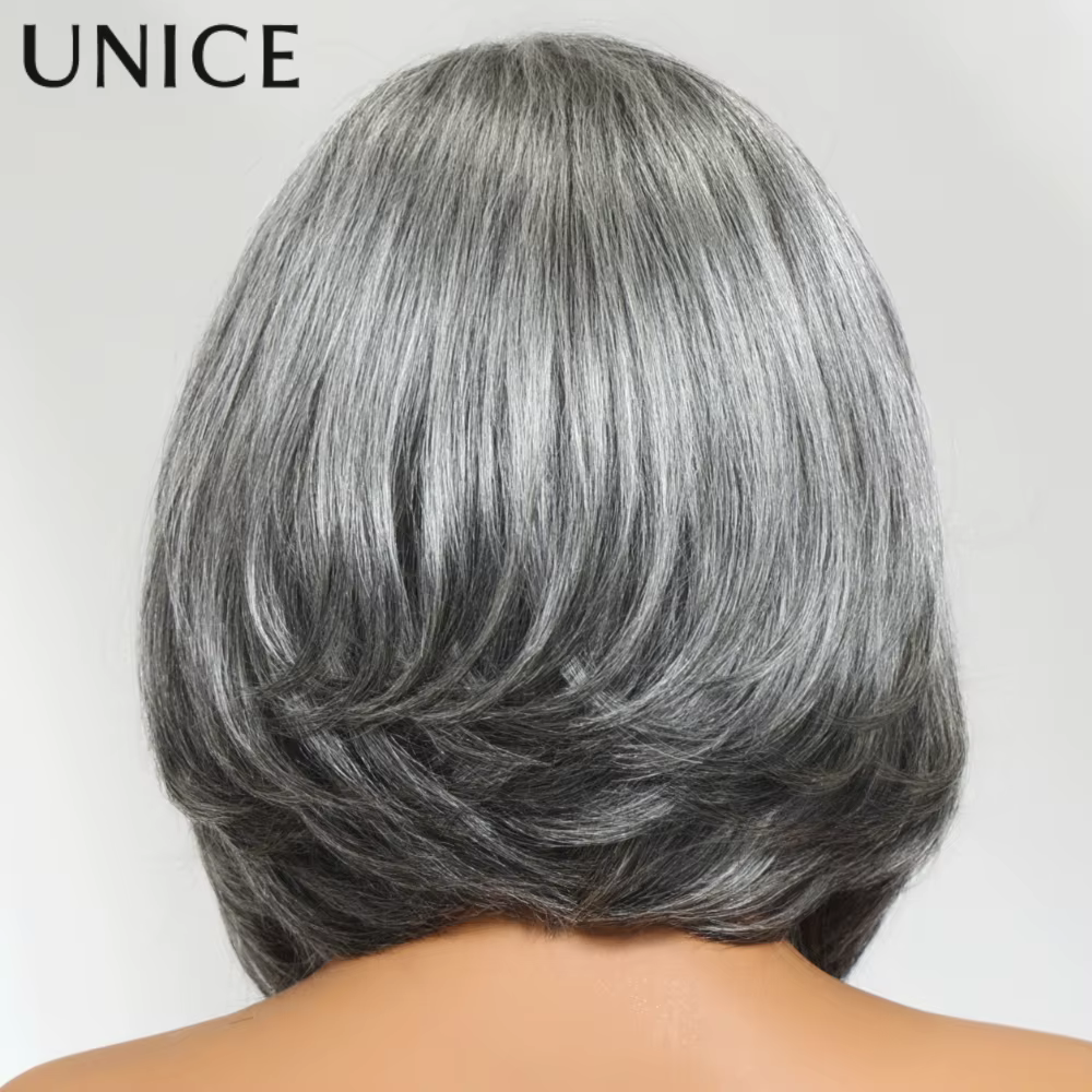 UNICE cheveux couches éclat sel et poivre sans colle perruque de cheveux humains pré-coupé 6.5x1.5 d