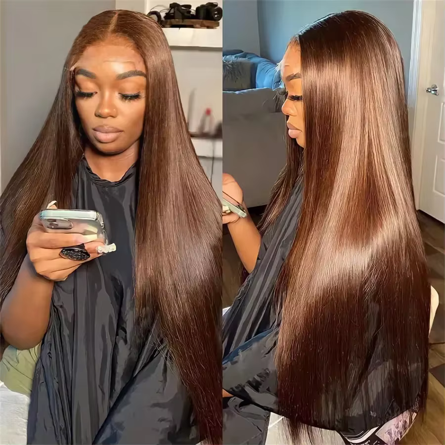 13x4 4 # Perruques Lace Front Marron Chocolat en Cheveux Humains pour Femmes, Perruque Frontale HD