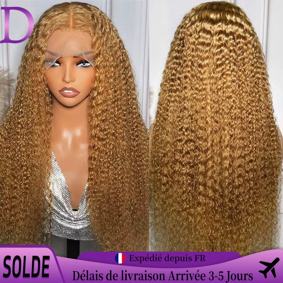 Dialola Perruque Cheveux Humains Bouclés Deep Wave Blonde Miel Couleur 27 Dentelle Frontale 13x4 13x