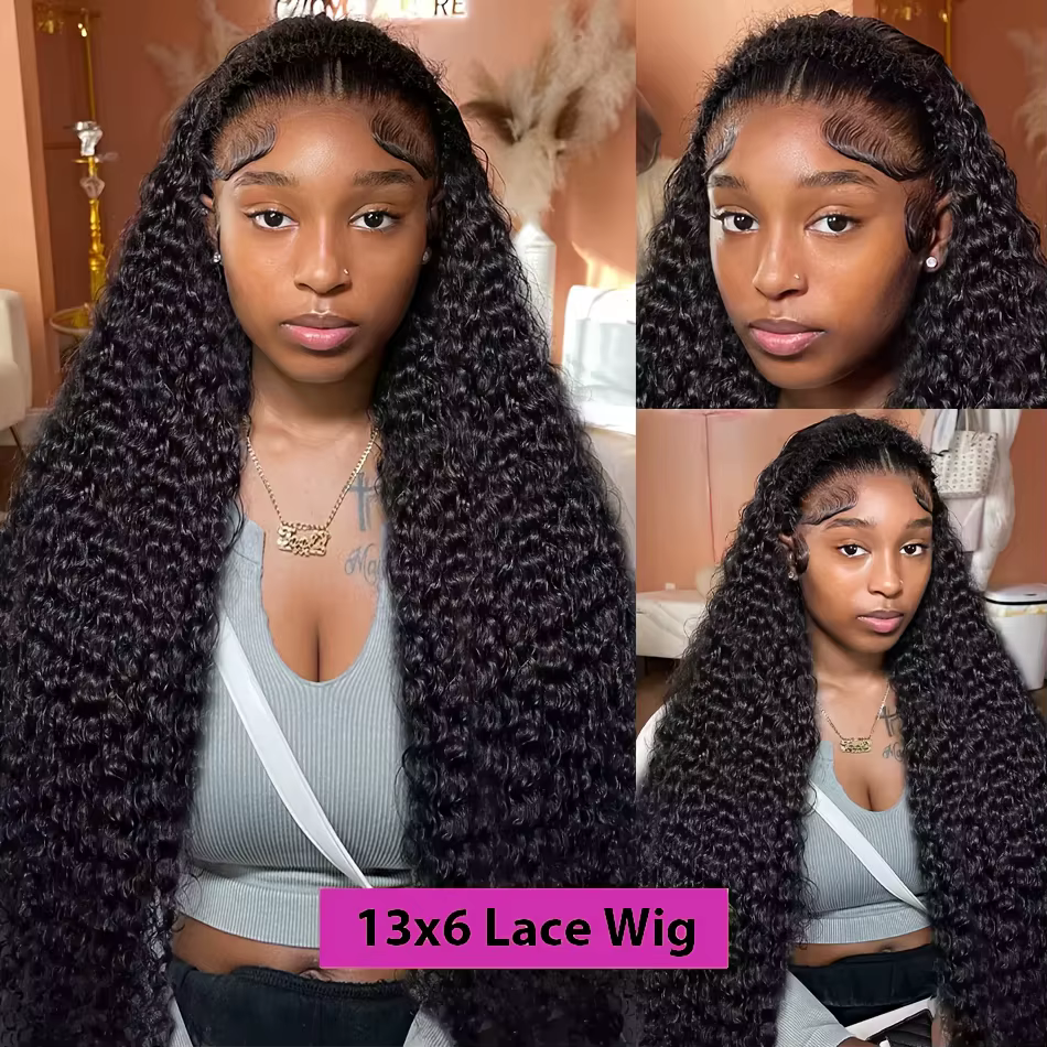 Perruque Lace Front Wig naturelle Deep Wave, cheveux humains, 30 pouces, 13x6, densité 250%, transpa