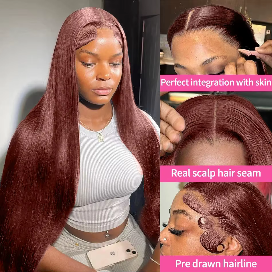 Perruque Lace Closure Wig Brésilienne Naturelle, Cheveux Lisses, Brun Rousse, Auburn, Cuivre, 4x4, D