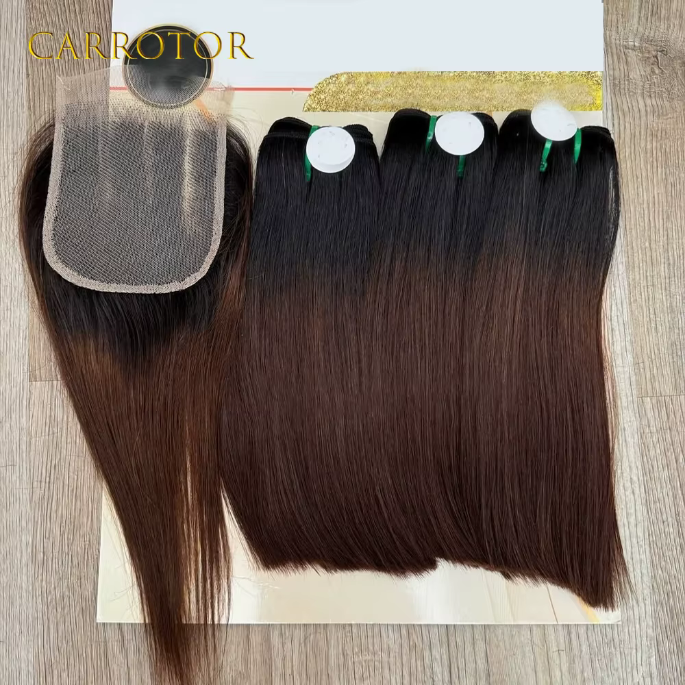 Extensions de cheveux humains lisses noirs et bruns avec closure 4x4, tissage de cheveux brésiliens 