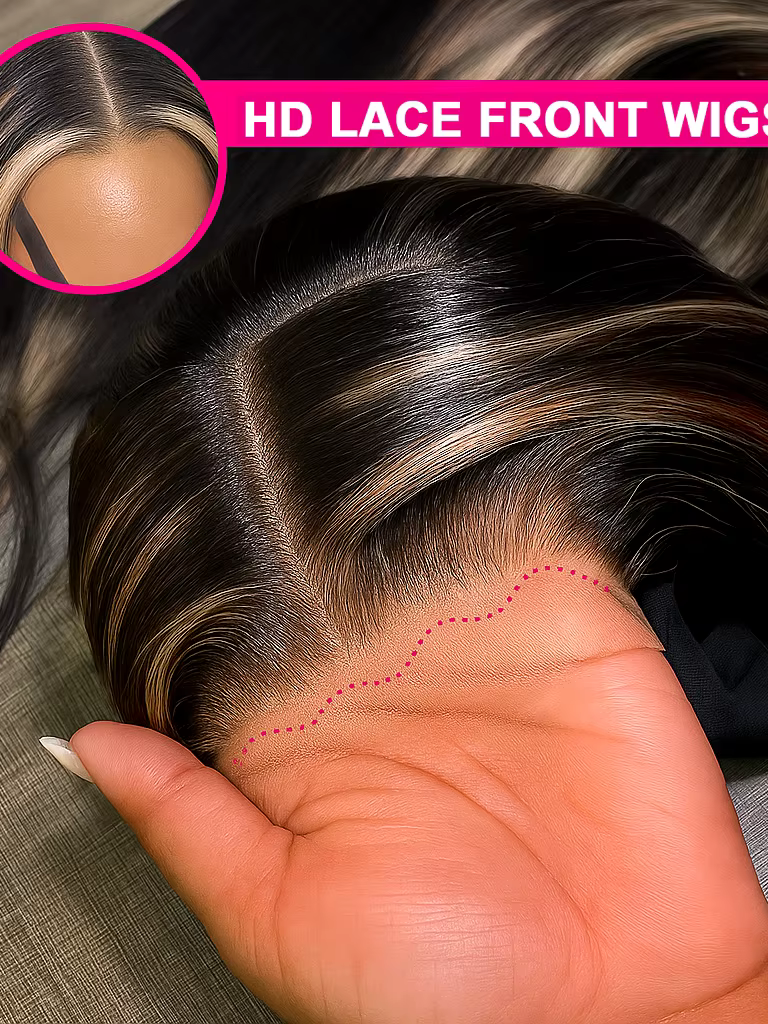 Perruque Lace Front Wig naturelle lisse à reflets 1b30, cheveux lisses noirs avec dégradé marron, 13