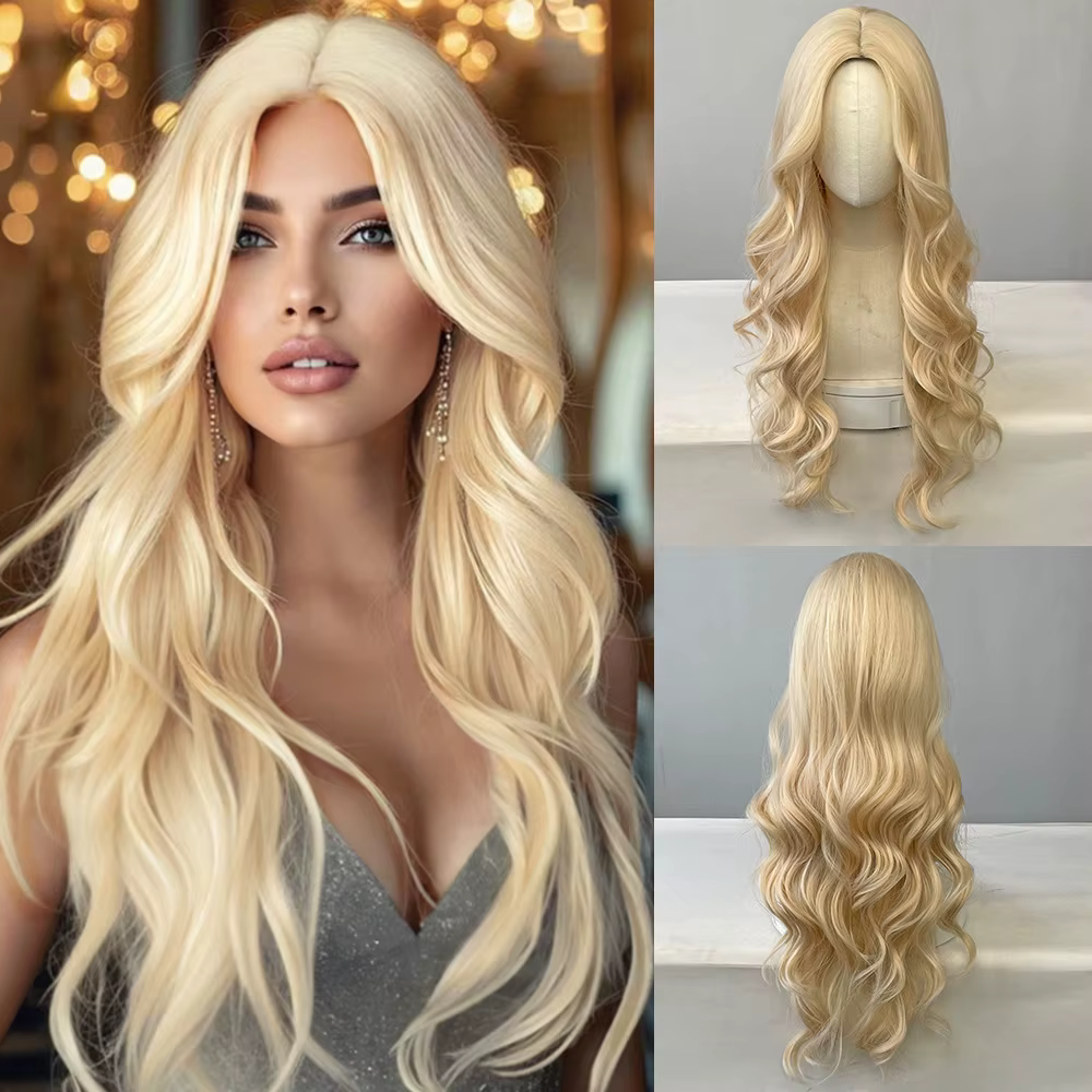 Perruque synthétique blonde pour femmes, avec grandes vagues et cheveux longs bouclés, ensemble comp
