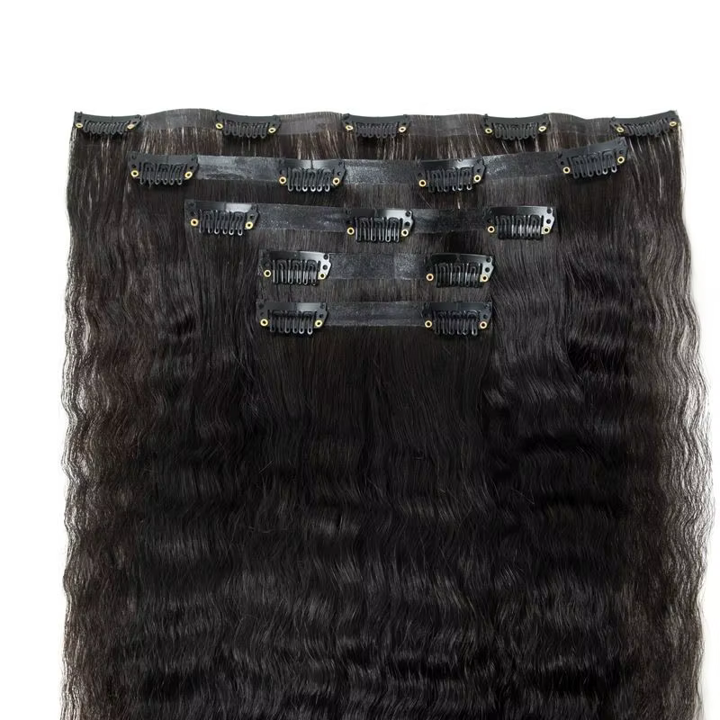 Extensions de Cheveux Humains à Clips en PU, 5 Pièces, Sans Couture, Crépus, Lisses, Yaki, Naturels,