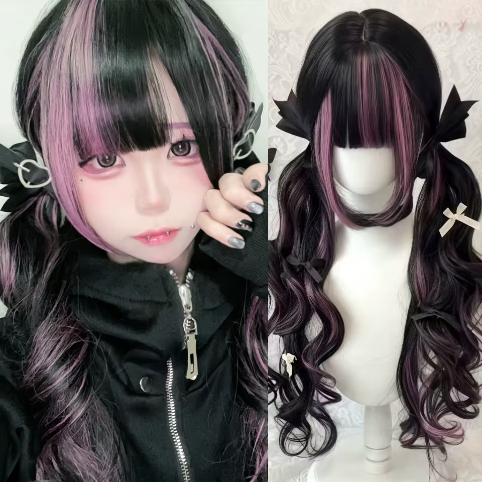 Perruque longue blonde double queue de cheval style Lolita avec frange, boucles princesse, synthétiq