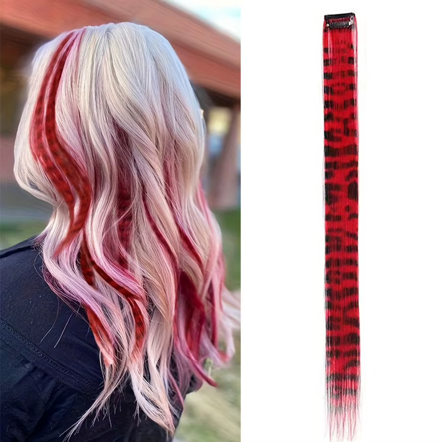 Extensions de cheveux à clipser imprimées à rayures, mèches synthétiques colorées, 18 pouces, lisses