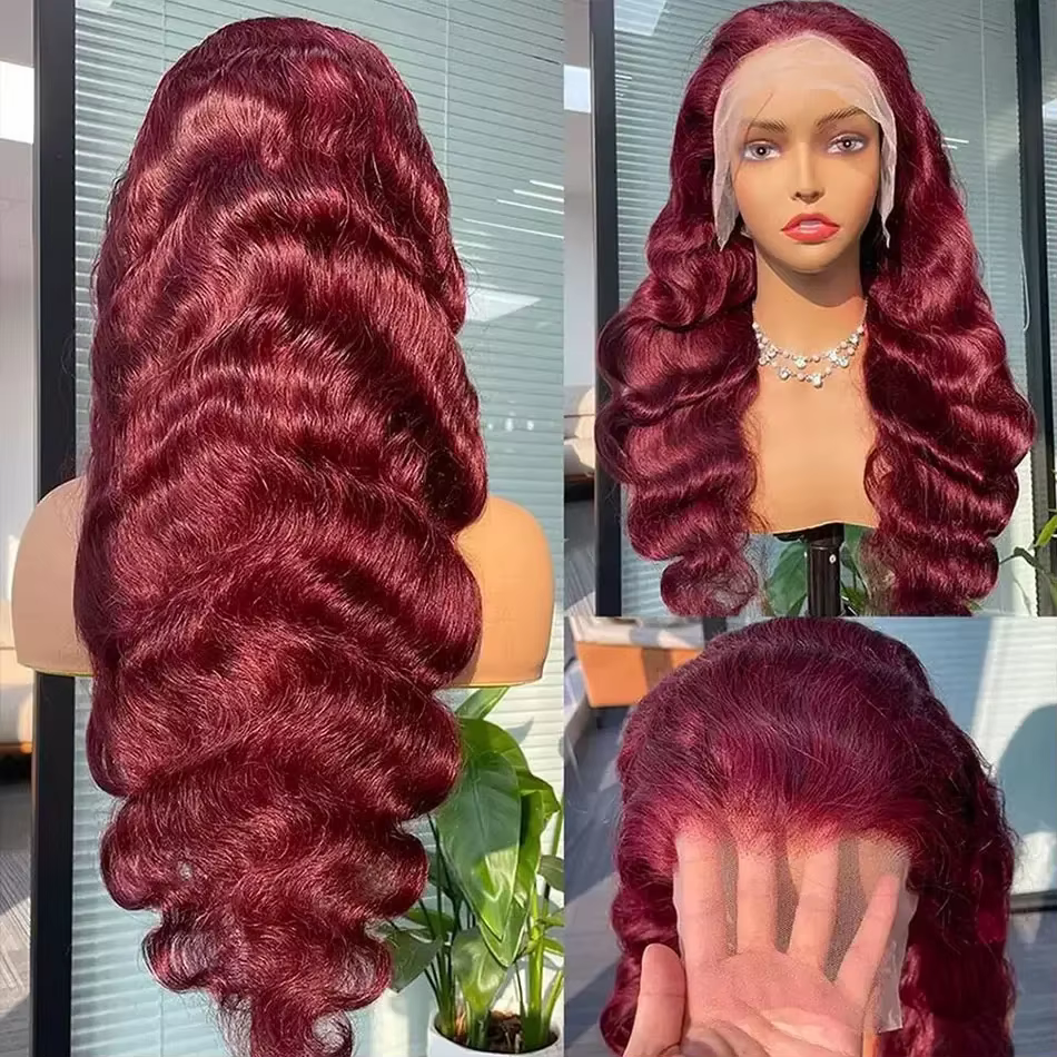 Perruques Lace Front Body Wave 13x6 en Cheveux Humains pour Femmes, Perruques Lace Front 99j Bordeau