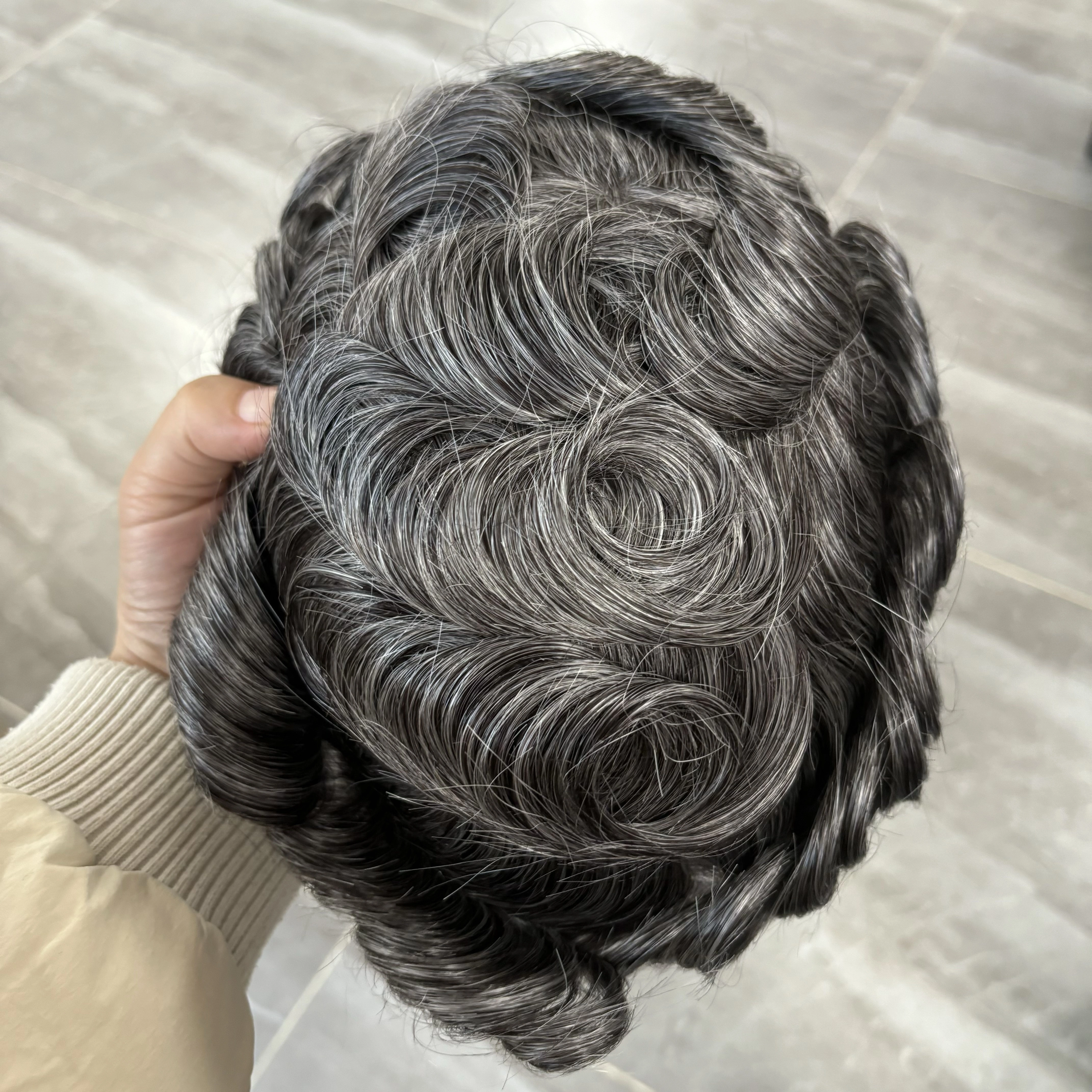 Prothèse capillaire naturelle en cheveux humains gris 1B80 pour homme, perruque de remplacement, pos