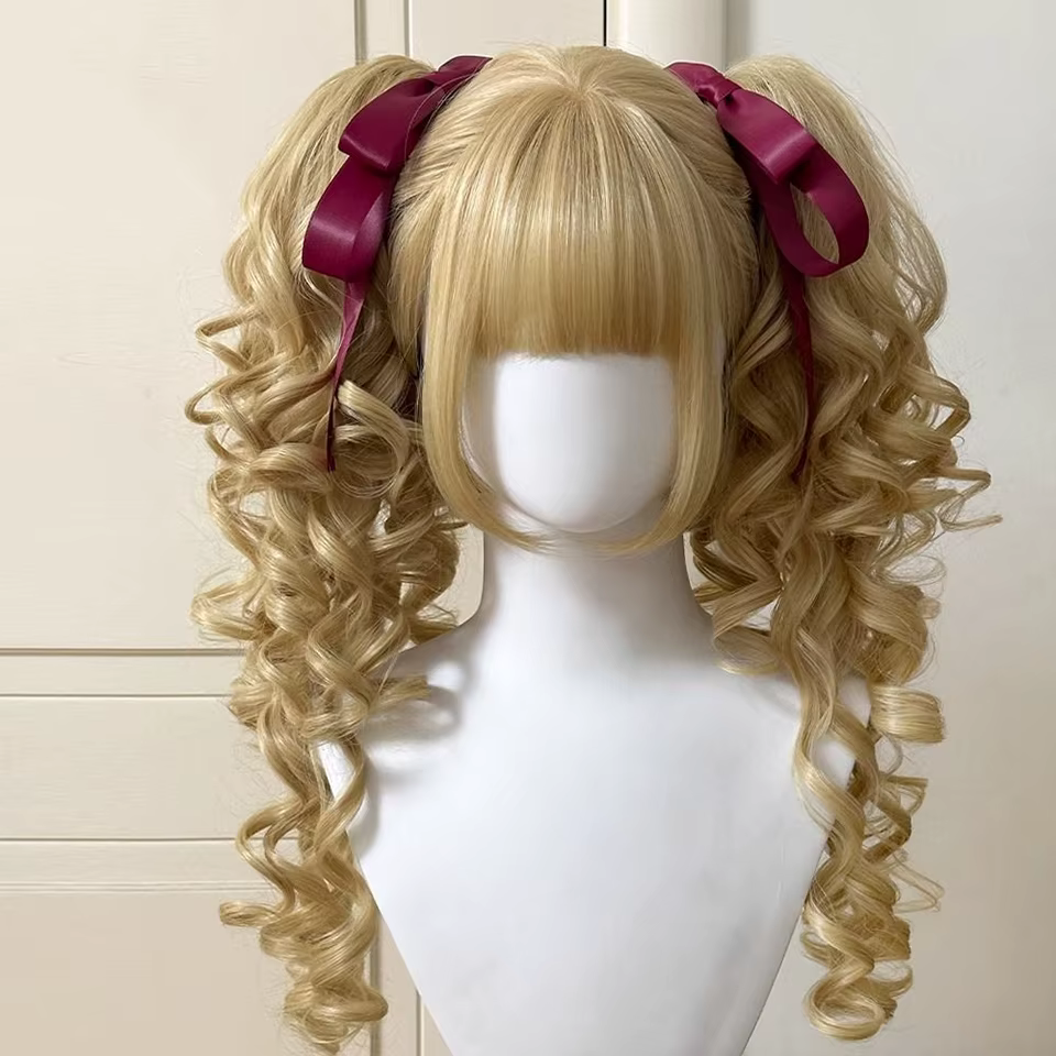 Perruque Lolita synthétique coupe princesse Double queue de cheval avec frange fille Ombre Blonde ma