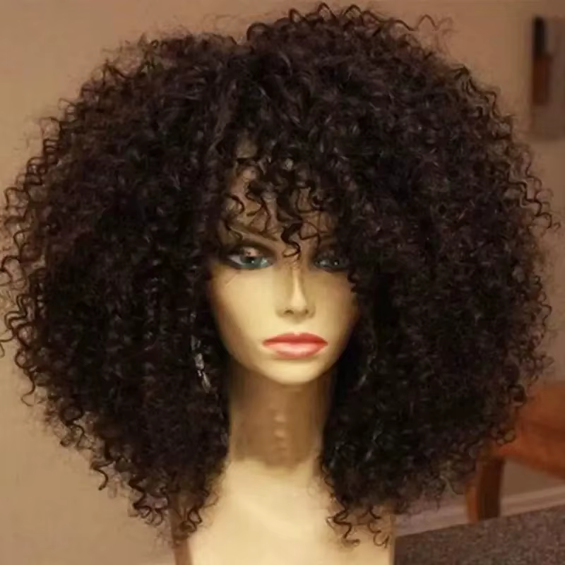 Perruques Afro crépues bouclées avec frange, 16 pouces, en Fiber synthétique douce et moelleuse, san