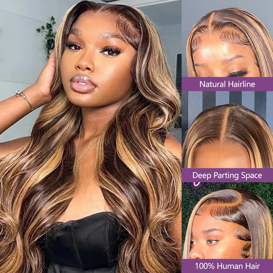 Blonde Highlight Body Wave Lace Front Perruque de cheveux humains pour femme, HD 13tage, 13x6 Lace F