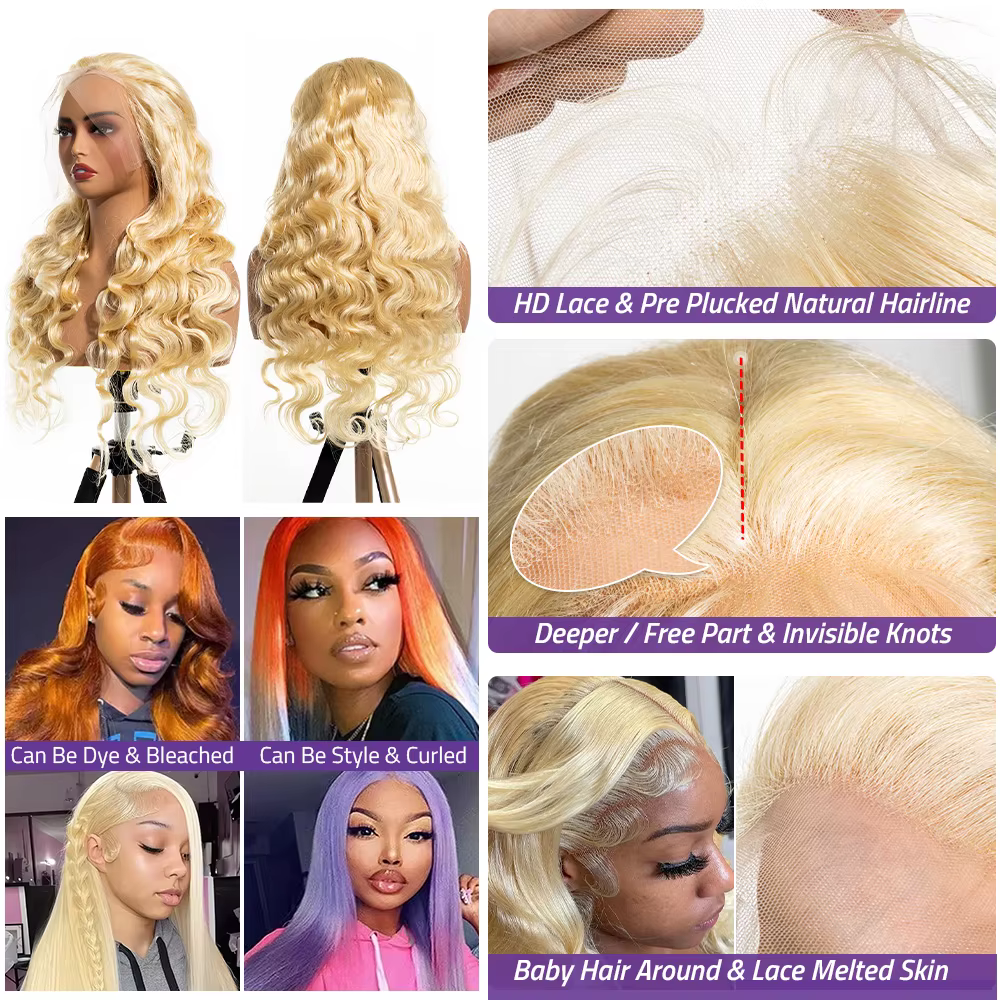 Perruque Lace Closure Wig Body Wave naturelle, cheveux humains, couleur miel 613, blond, 13x6, pour 