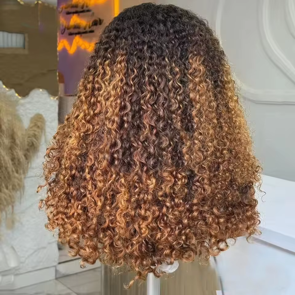 Ombre miel blond Afro crépus bouclés indien 100% cheveux humains réglable sans colle U partie perruq