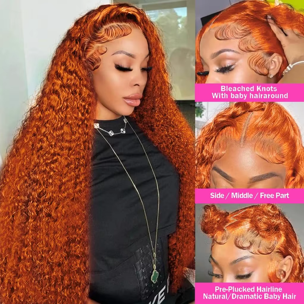 Perruque Lace Front Wig Naturelle Bouclée, Cheveux Humains, Deep Wave, 13x4, 13x6, HD, Orange, 30 Po