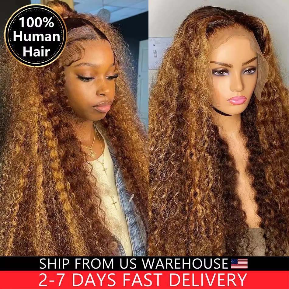 30 32 pouces mettre en évidence Ombre dentelle frontale perruque bouclés perruques de cheveux humain