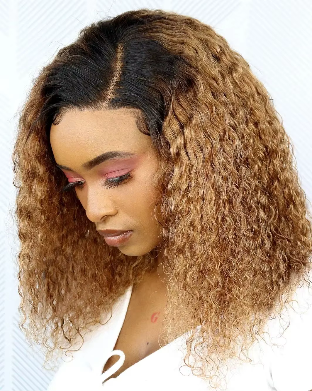 HairUGo-Perruque BOB à fermeture en dentelle pour femme, cheveux humains crépus bouclés, brun ombré,