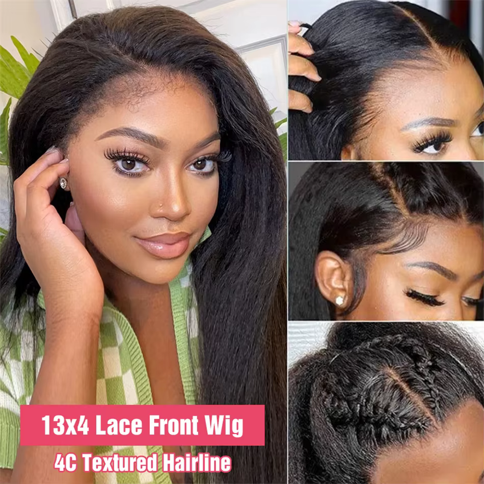 Perruque Lace Front sans colle Yaki Straight, Perruque Lace Frontal Closure 13x4 Kinky Straight, Per