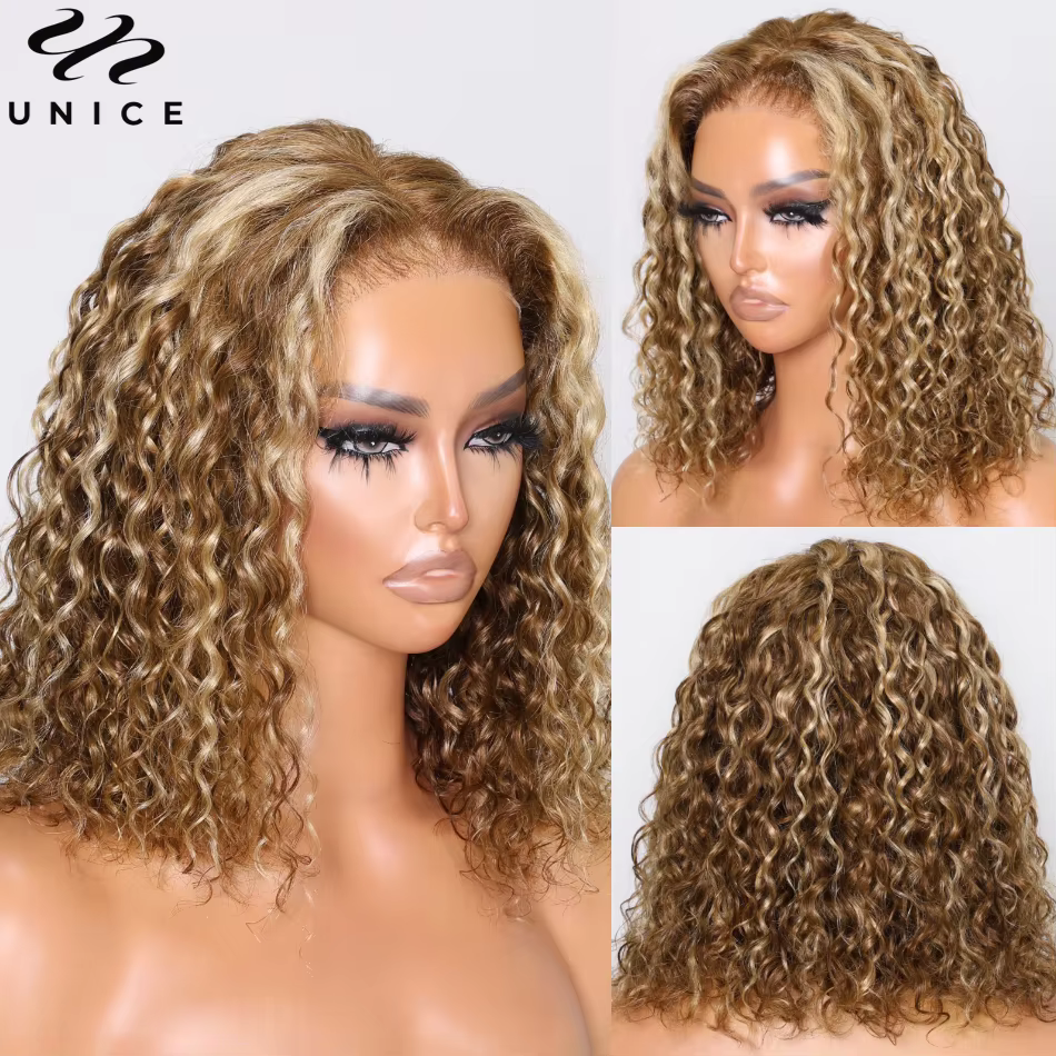 Perruque Bob UNICE Blonde Highlight Water Wave avec cordon de serrage Bye-Bye Slip 7x5 Lace Glueless