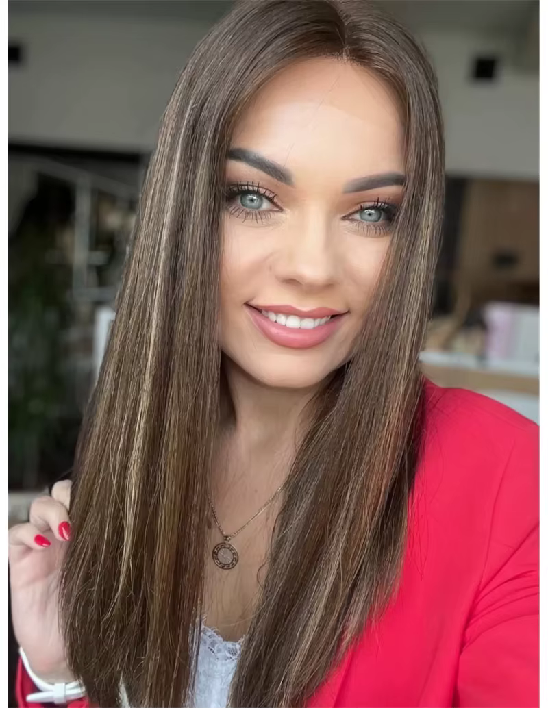 Perruque synthétique lisse et douce à reflets bruns ombrés, sans colle, Balayage en Fiber résistante