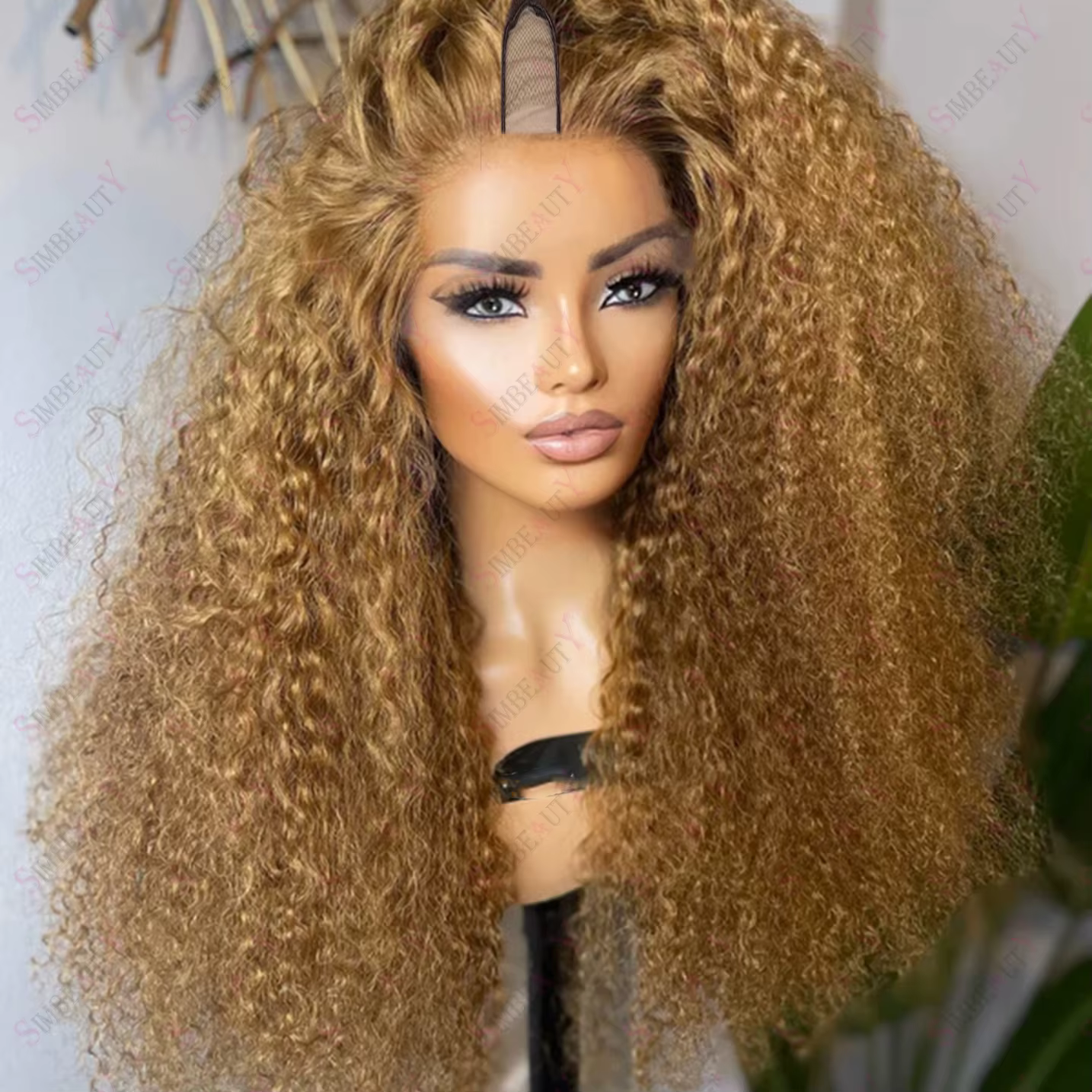 Perruques V-Part Blond Miel Mèches Dorées Cheveux Humains 100% Non Traités Bouclés Crépus Ombré Brun