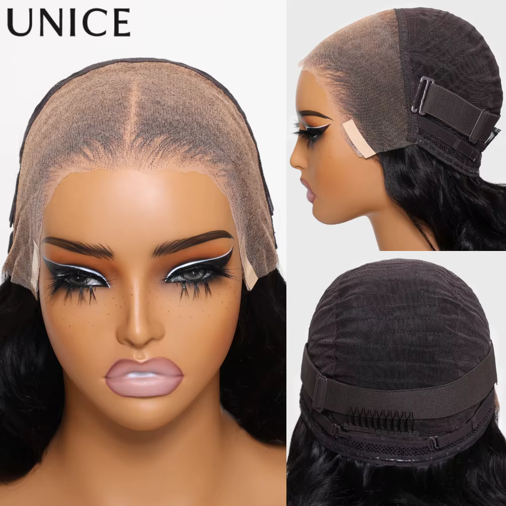 UNice brun avec reflets blonds vague de corps perruque de cheveux humains 7x5 & 13x4 dentelle pré-co