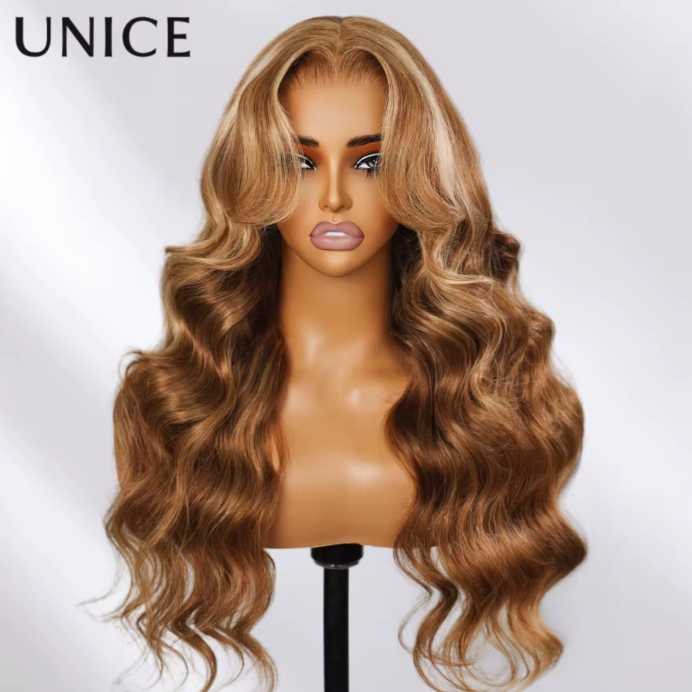 UNice brun avec reflets blonds vague de corps perruque de cheveux humains 7x5 & 13x4 dentelle pré-co