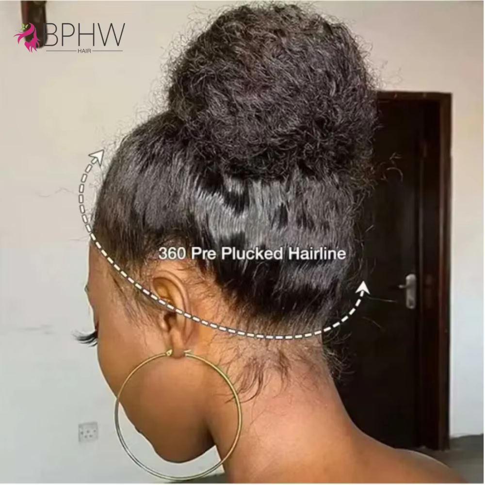Perruque Cheveux Humains Kinky Straight avec Sangle Invisible, Perruque Frontale 360 Full HD Lace, A
