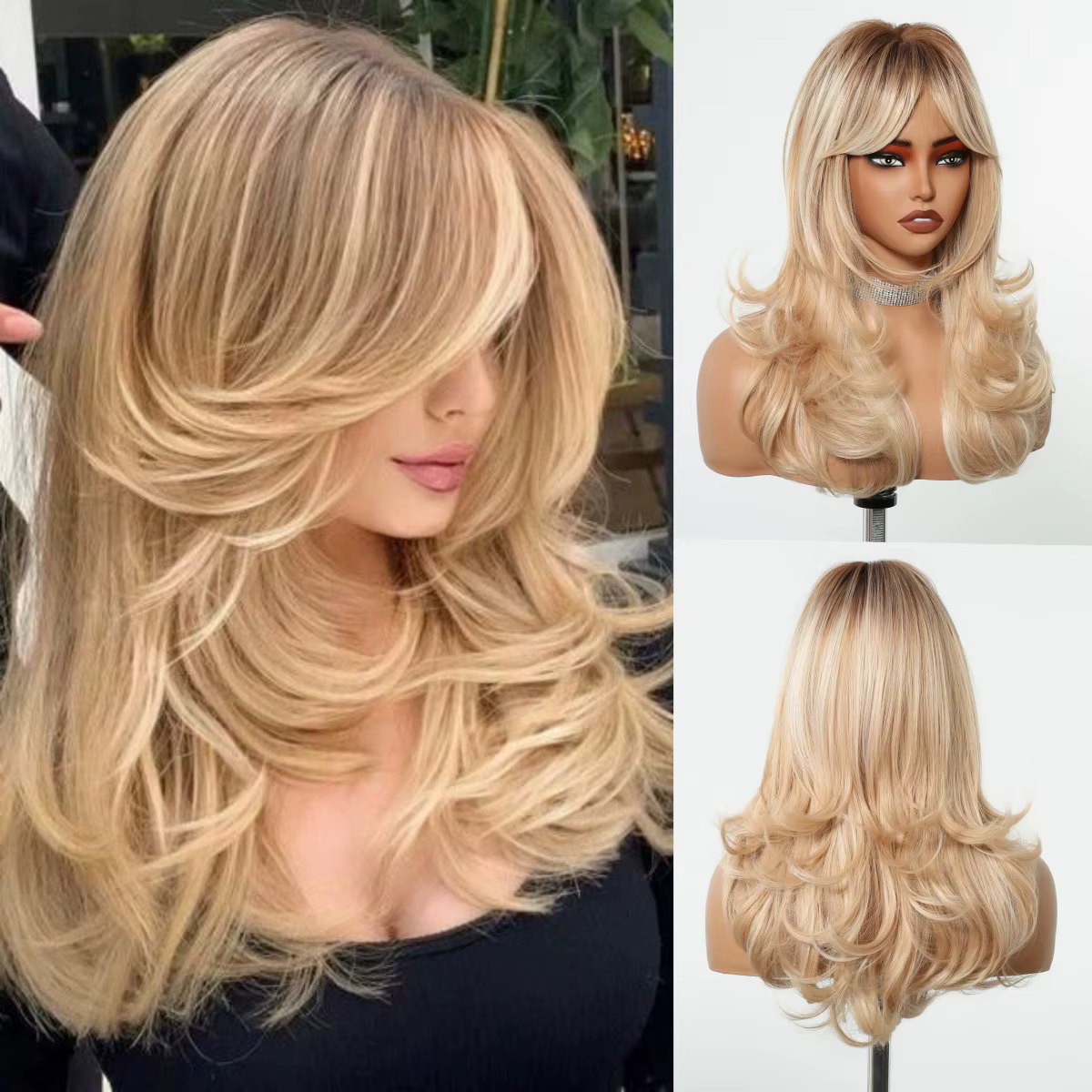 Perruque synthétique mixte Blonde dorée, cheveux ondulés à racine foncée avec frange latérale pour f