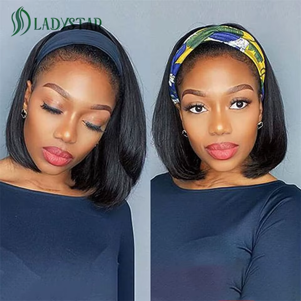Perruque Bob Brésilienne Naturelle avec Écharpe pour Femme, Cheveux Lisses, à Reflets