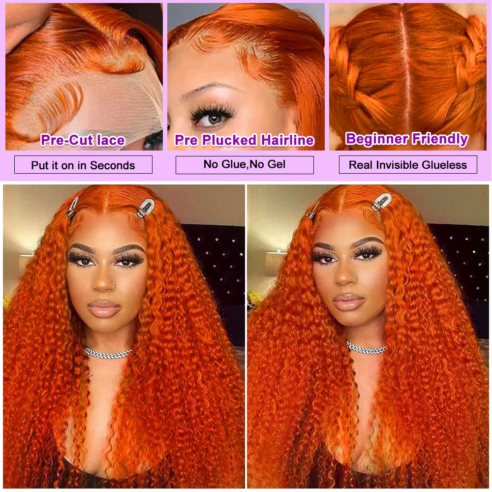Perruques Lace Front 13x6 à boucles profondes couleur gingembre haute densité de 36 pouces # Perruqu