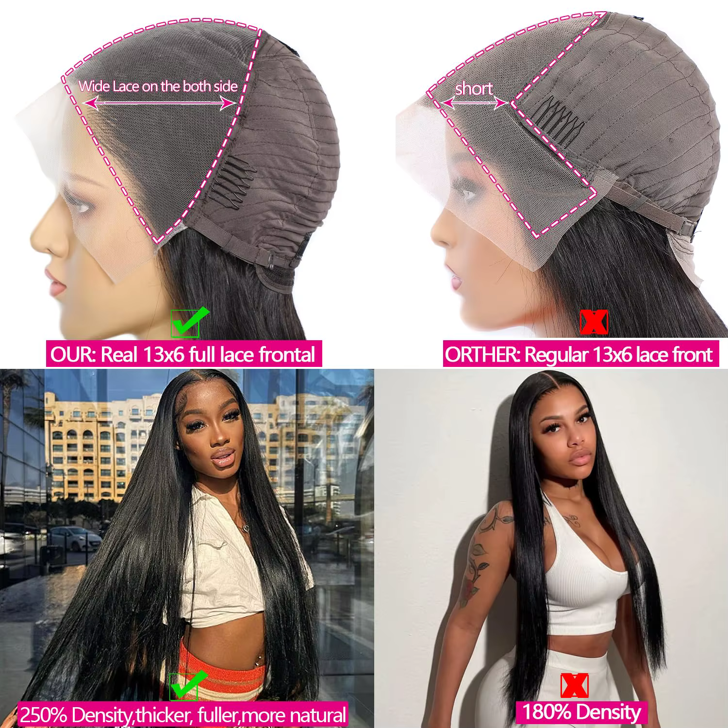 Lemoda 250% densité 13x6 pleine dentelle frontale perruques droite cheveux humains HD Transparent de