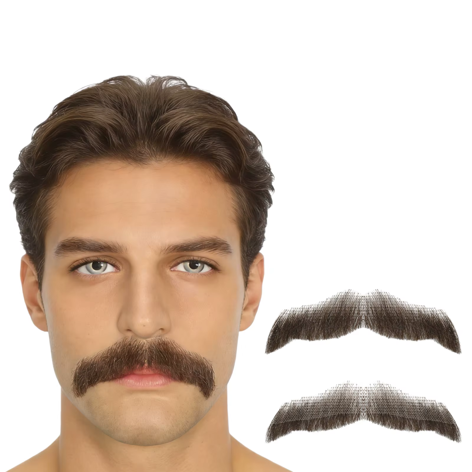 Moustache et barbe réalistes en cheveux humains pour hommes, fausse barbe épaisse avec dentelle invi