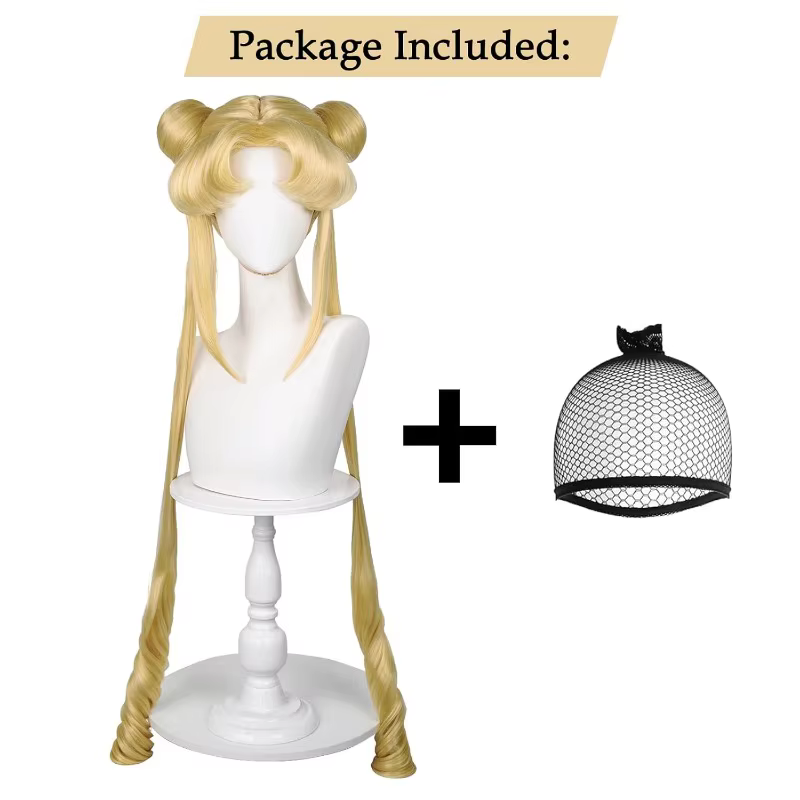 Sailor Moon Tsukino Usagi Perruque longue bouclée blonde queue de cheval avec 2 queues de pong avec