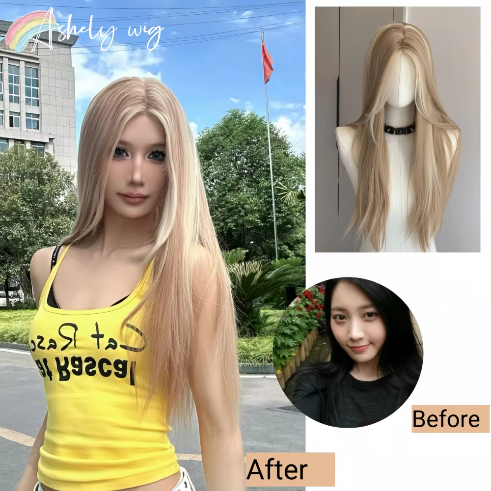 Perruque Blonde pour femmes longue ligne droite Blonde marron perruque asiatique américaine dentelle