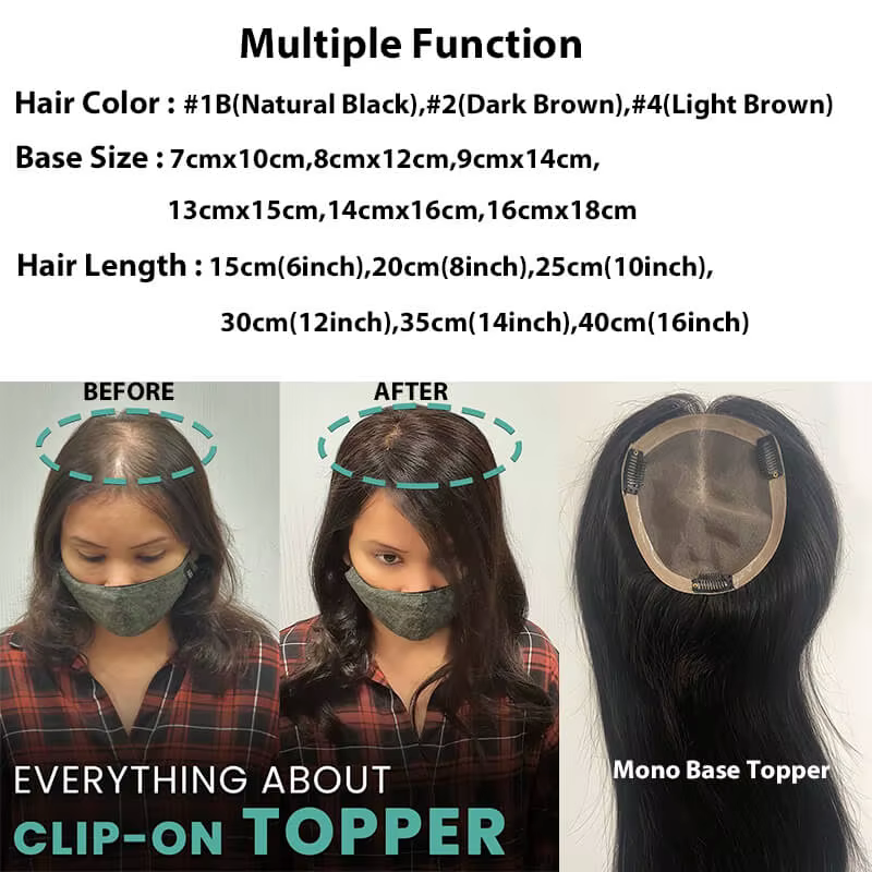 Fine Mono & Pu Base Topper avec 3 Clips pour Femme, Cheveux Humains Raides, Perruques Remy, Postiche