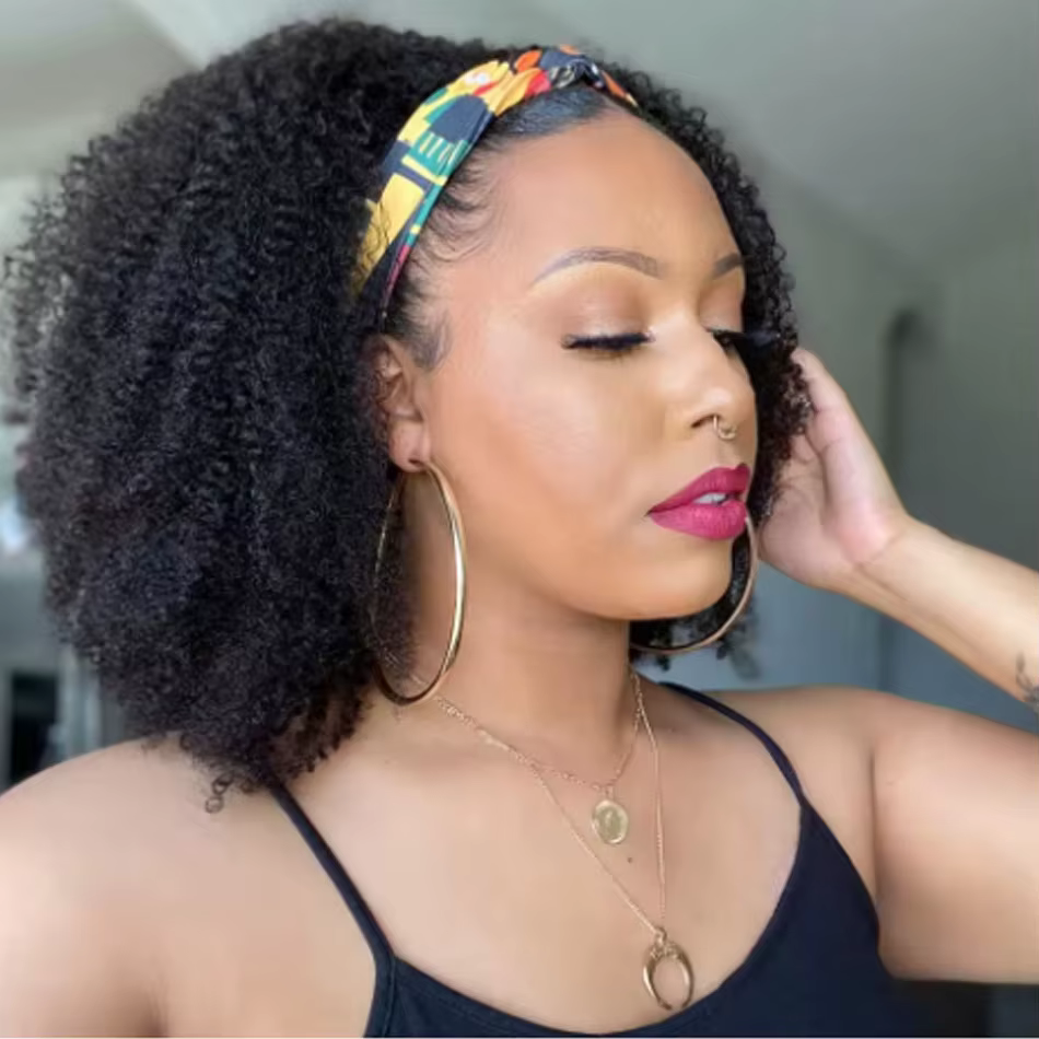 Perruques courtes 16A avec bandeau, cheveux humains malaisiens bouclés crépus, densité 250%, perruqu