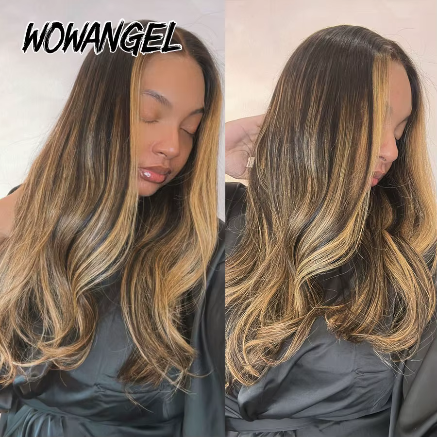 WOWANGEL Perruque Blonde Miel Balayage avec Mèches, Cheveux Humains Ondulés, Perruques Sans Colle en