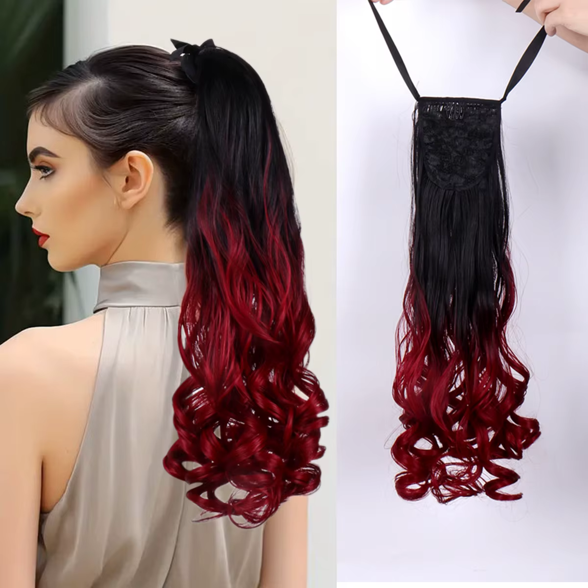 Extension de Cheveux Synthétiques avec Sangle, Postiche Dégradé Noir-Rouge, Longue, Ondulée, Bouclée