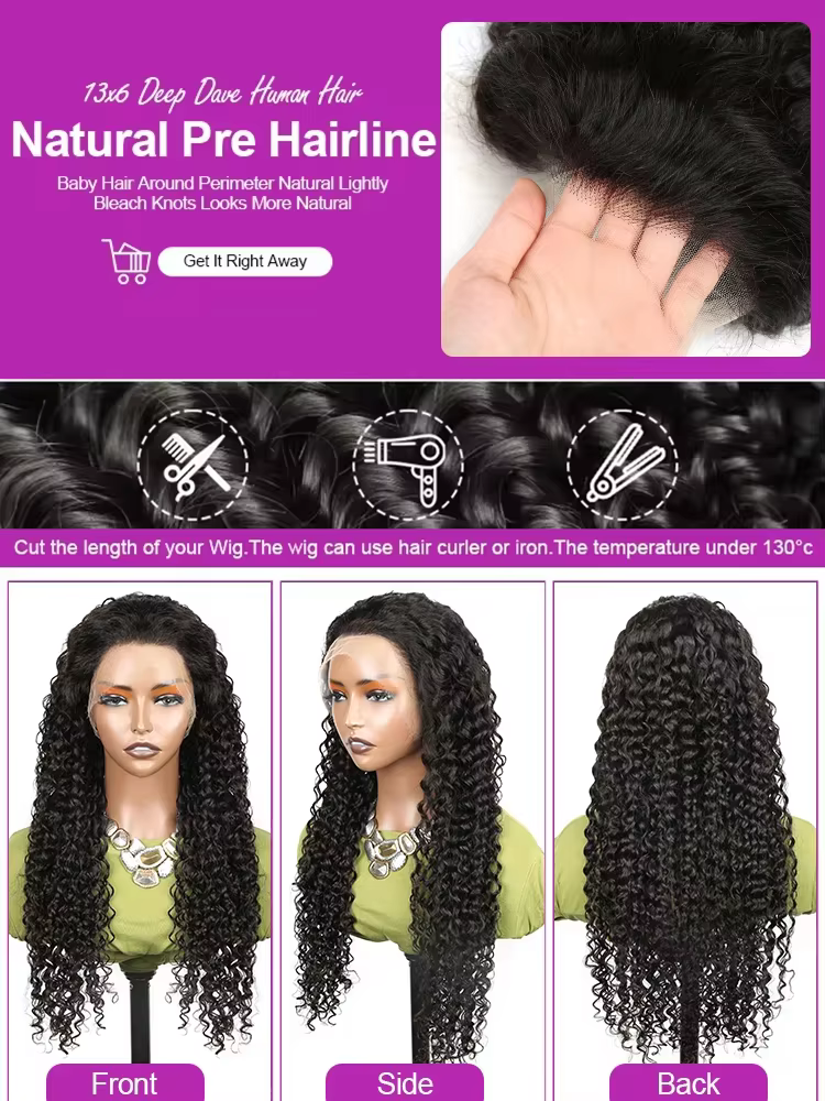 Perruques Lace Front HD 13x4 à Ondulations Profondes Bouclées 230% Pré-Pluckées, Cheveux Humains Bré