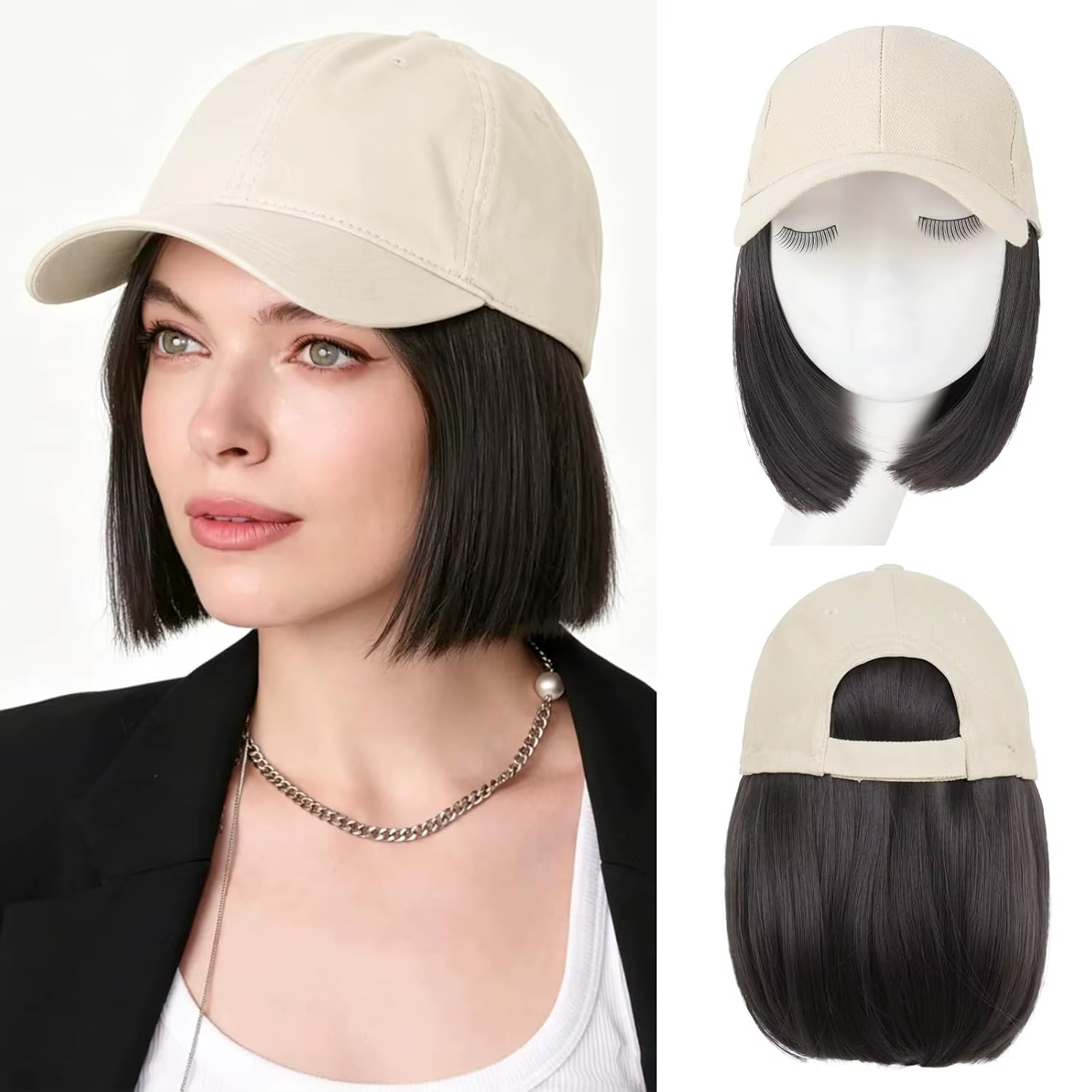 Casquette de baseball avec extensions de cheveux pour femmes, coiffure courte et droite, chapeau ave