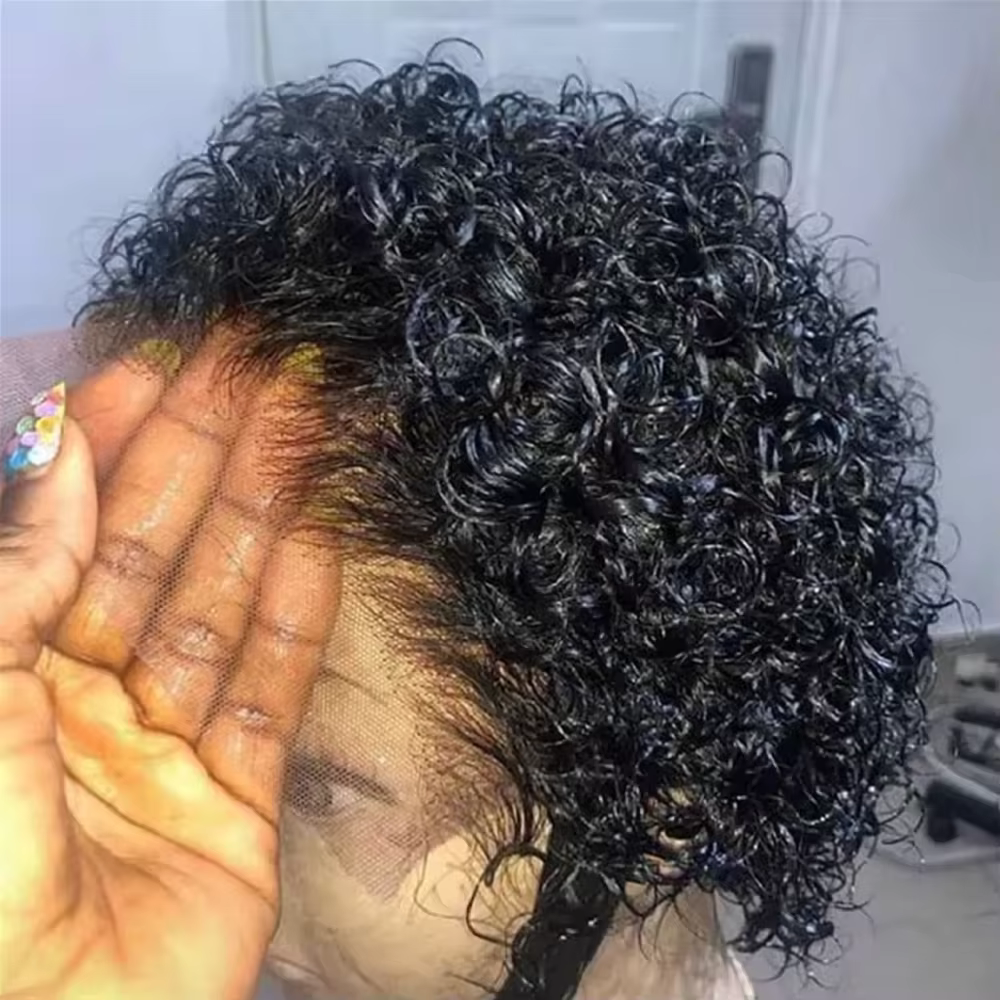Perruque Pixie Cut en dentelle transparente, perruque courte bouclée en cheveux humains, perruque br