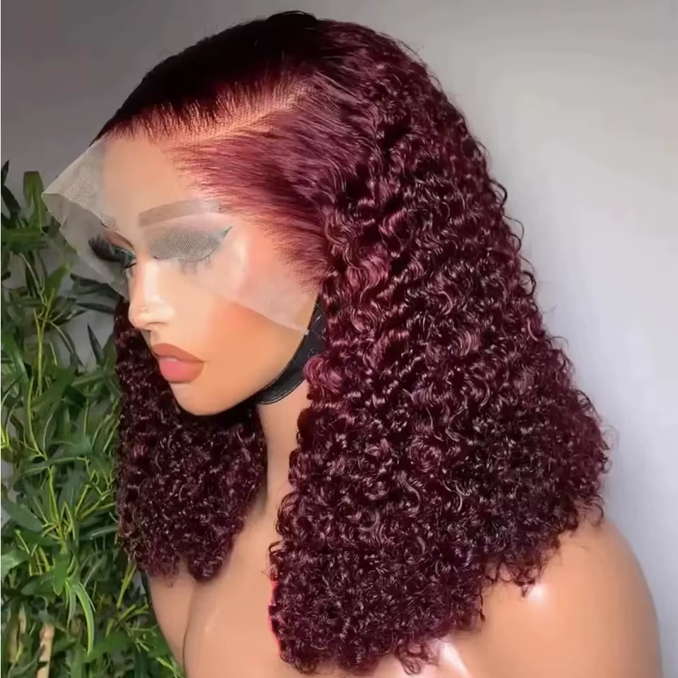 Perruque Lace Front Wig synthétique ondulée courte, coupe Bob 99J, couleur rouge bordeaux 13x4, nais