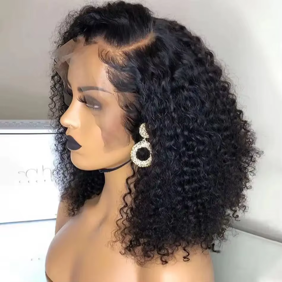 Short Bob Cut Kinky Curly Ponytails 13X4 Lace Frontal Synthetic Wig For Black Women Preplucked Bleac