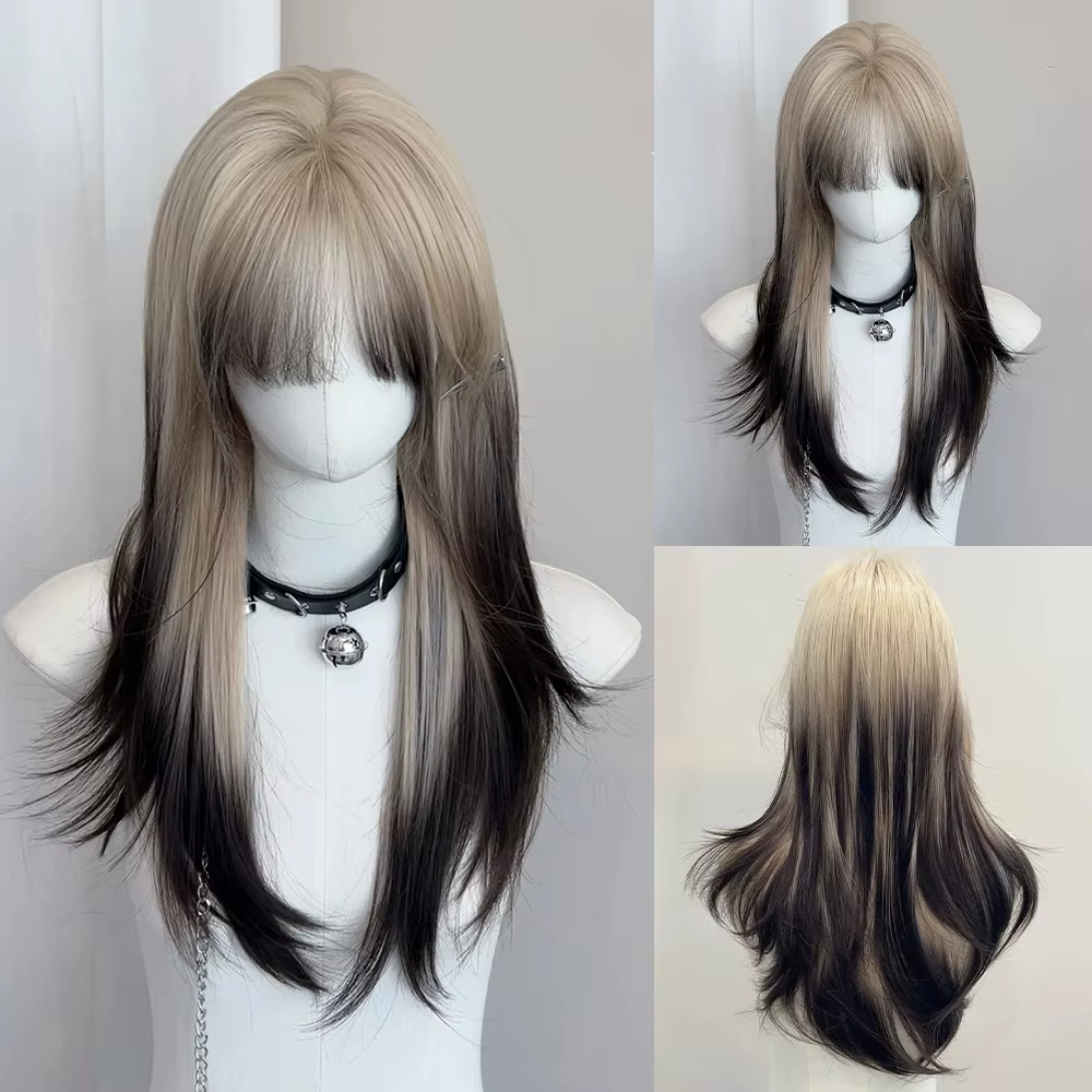 Perruque synthétique superposée noire Blonde ombrée pour Cosplay Lolita, perruque longue et lisse av