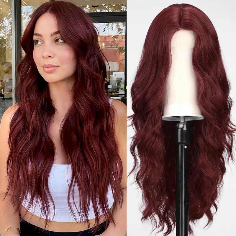 Perruque synthétique couleur vin rouge avec cheveux longs bouclés, tête de perruque complète, fête, 